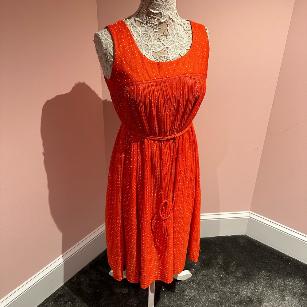 Vintage Orange Sleeveless Tie-Waist Polka Dot Dress